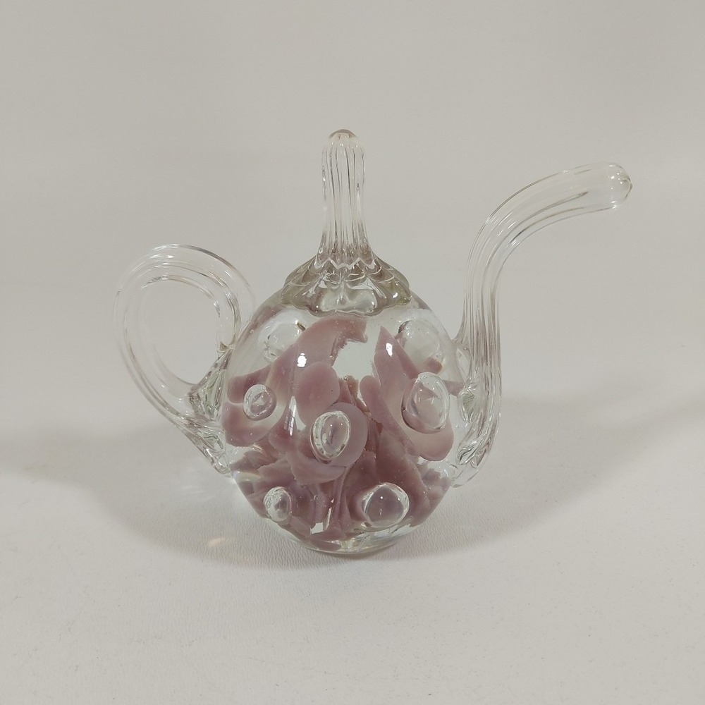 Vintage Paperweight/Ring Holder Joe St Clair Teapot Pink Purple Trumpet Flowers